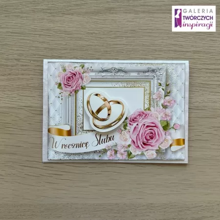 Kartka na rocznicę ślubu „Różowe róże i obrączki” - 10,5 x 15 cm